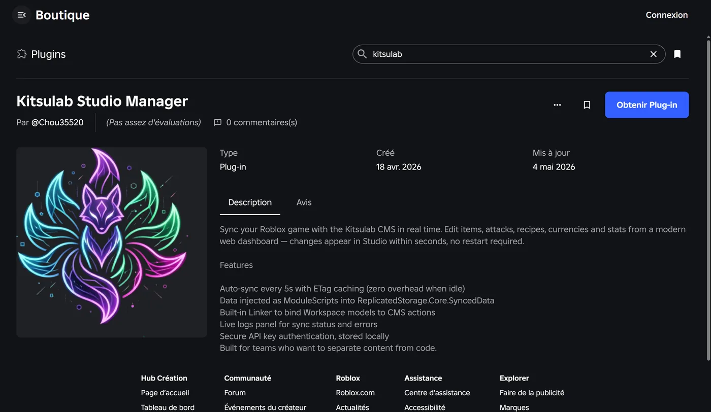 Kitsulab Studio Manager plugin page in the Roblox Creator Store