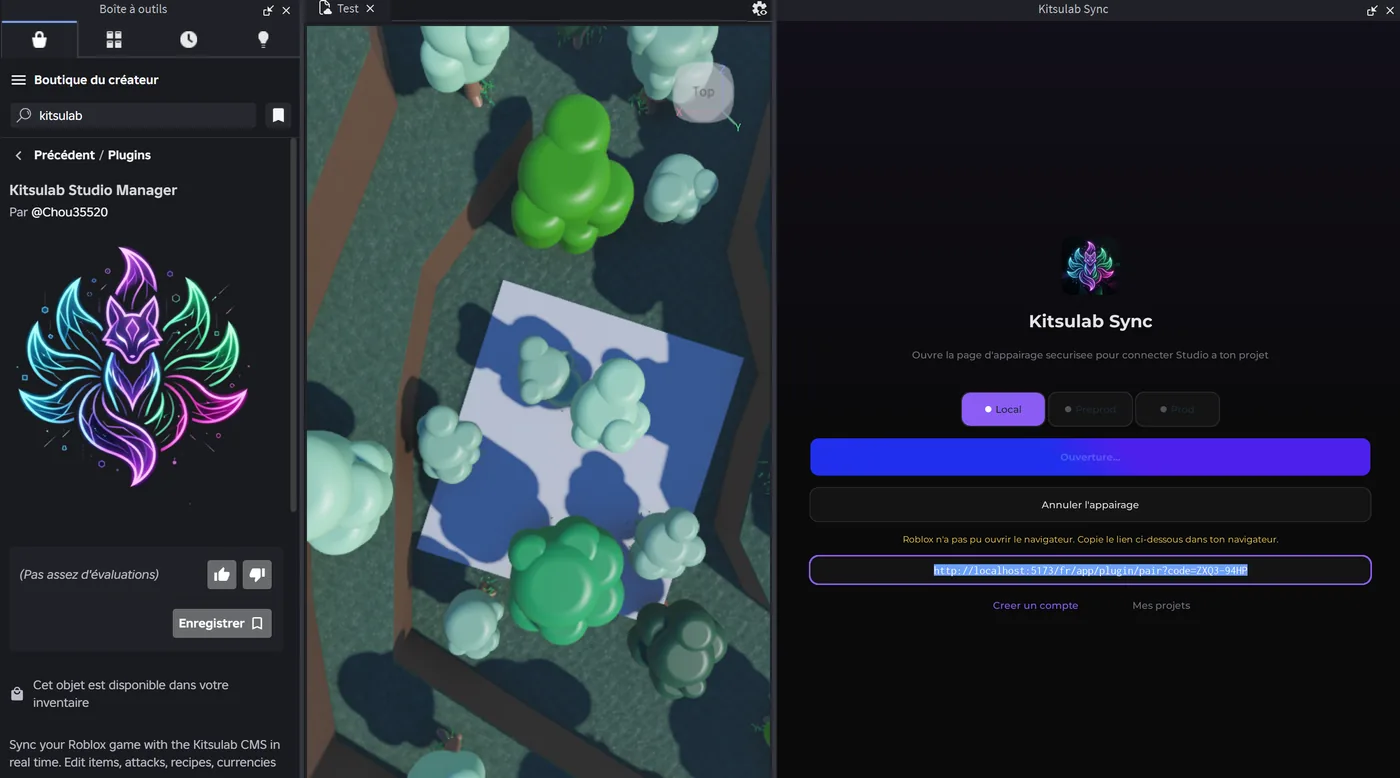 Kitsulab Sync window in Roblox Studio with the pairing link selected